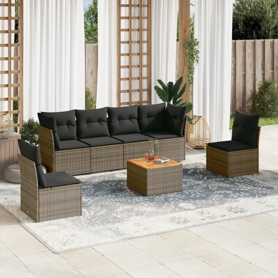 vidaXL 7-delige Loungeset met kussens poly rattan grijs afbeelding 1