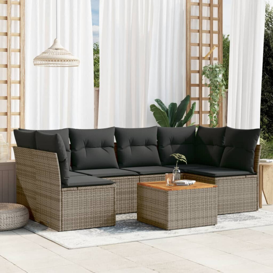 vidaXL 7-delige Loungeset met kussens poly rattan grijs afbeelding 1