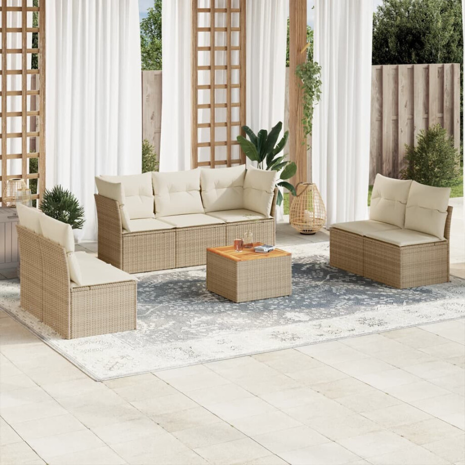 vidaXL 8-delige Loungeset met kussens poly rattan beige afbeelding 1