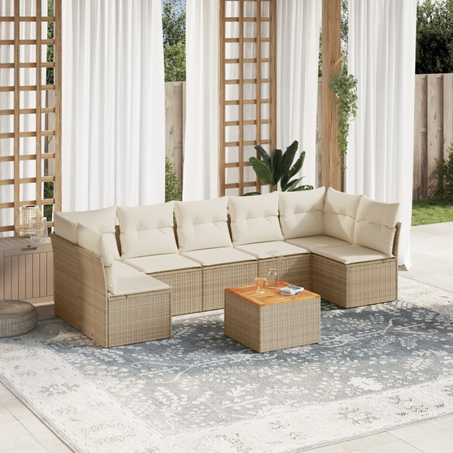 vidaXL 8-delige Loungeset met kussens poly rattan beige afbeelding 1