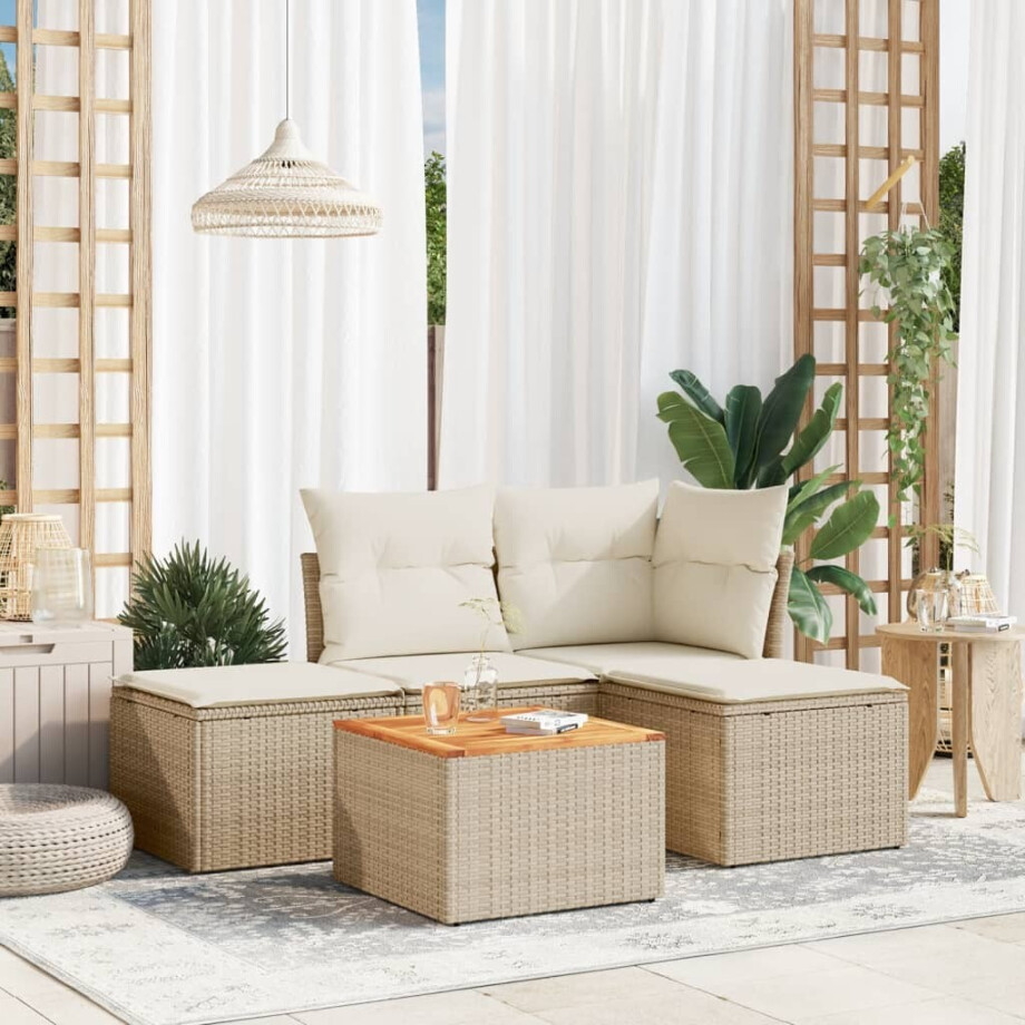 vidaXL 5-delige Loungeset met kussens poly rattan beige afbeelding 1