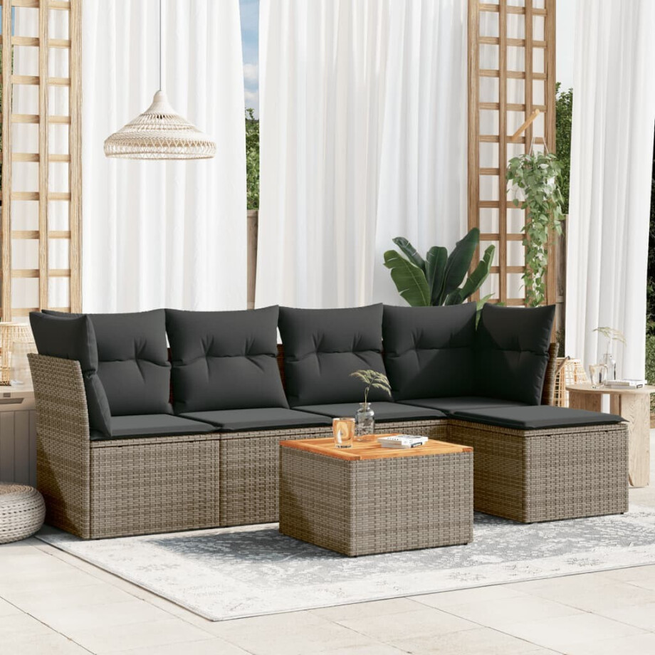 vidaXL 6-delige Loungeset met kussens poly rattan grijs afbeelding 1