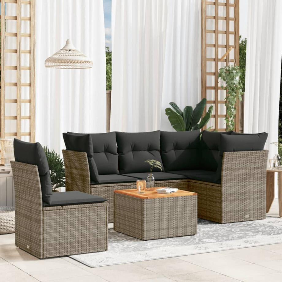 vidaXL 6-delige Loungeset met kussens poly rattan grijs afbeelding 1