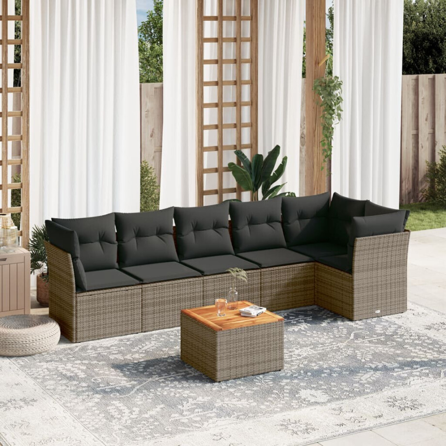 vidaXL 7-delige Loungeset met kussens poly rattan grijs afbeelding 1