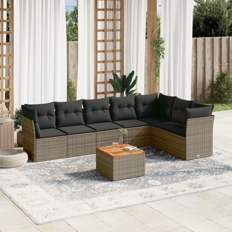 vidaXL 8-delige Loungeset met kussens poly rattan grijs afbeelding 1