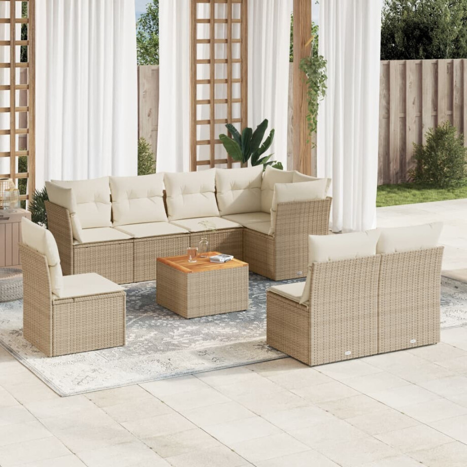 vidaXL 9-delige Loungeset met kussens poly rattan beige afbeelding 1