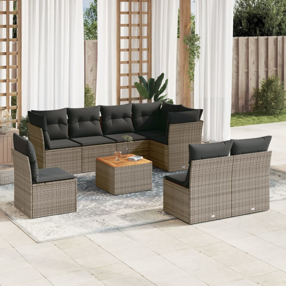 vidaXL 9-delige Loungeset met kussens poly rattan grijs afbeelding 1