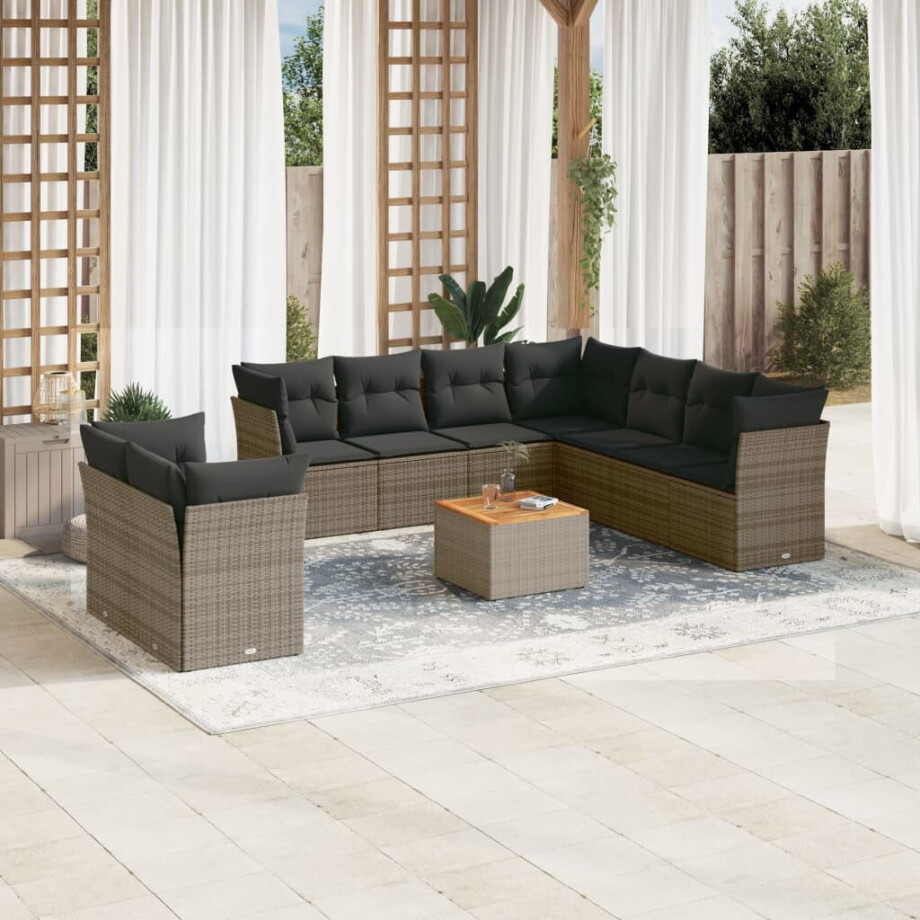 vidaXL 10-delige Loungeset met kussens poly rattan grijs afbeelding 1