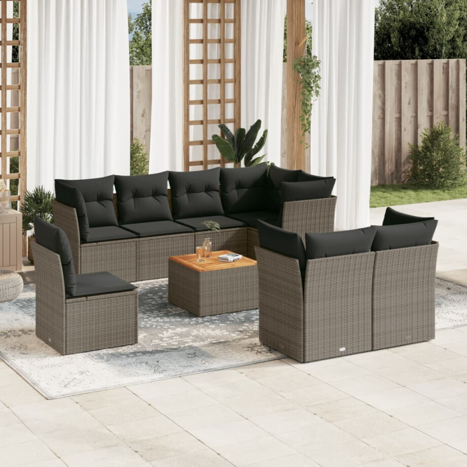 vidaXL 9-delige Loungeset met kussens poly rattan grijs afbeelding 1