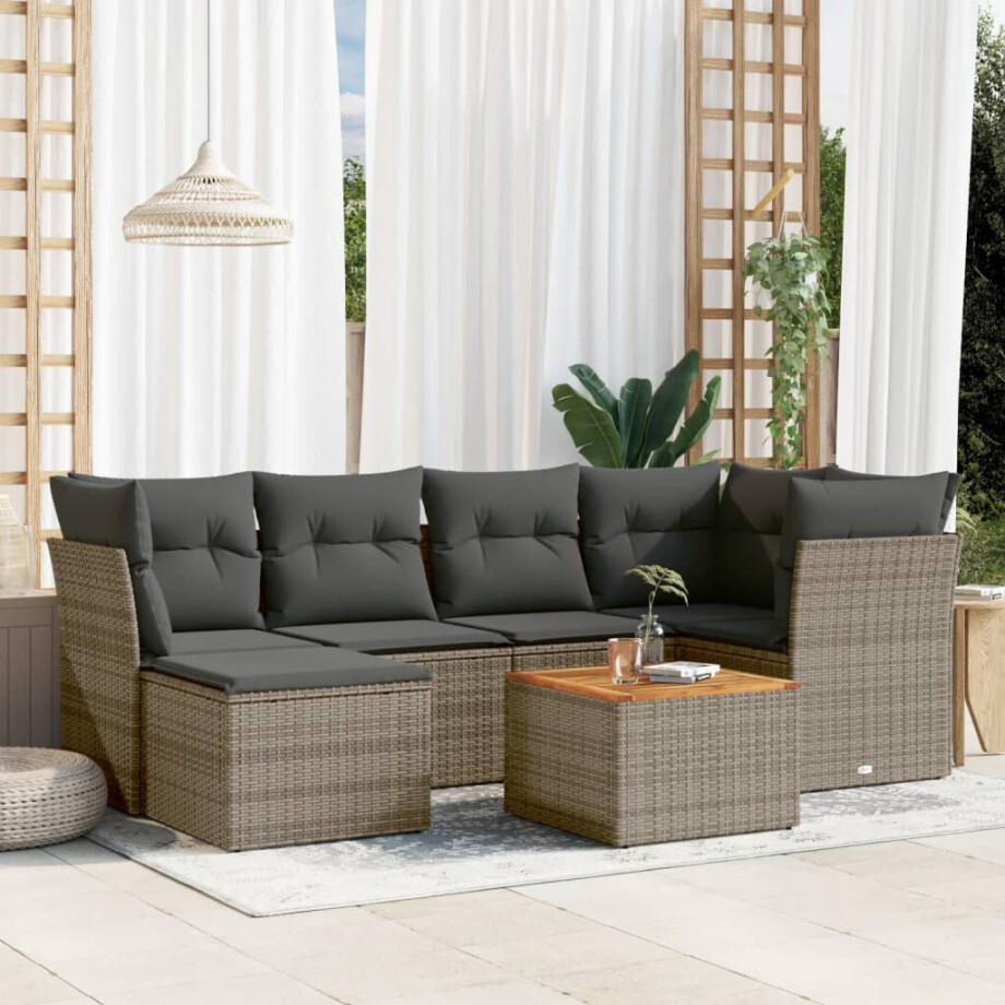 vidaXL 7-delige Loungeset met kussens poly rattan grijs afbeelding 1