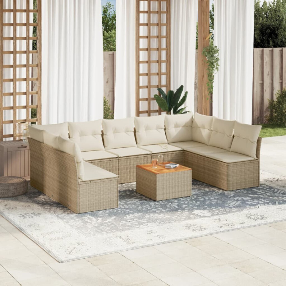 vidaXL 10-delige Loungeset met kussens poly rattan beige afbeelding 1