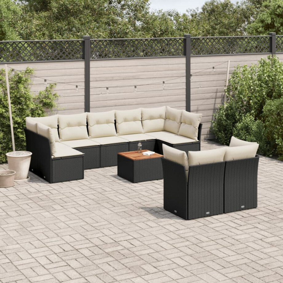 vidaXL 10-delige Loungeset met kussens poly rattan zwart afbeelding 1