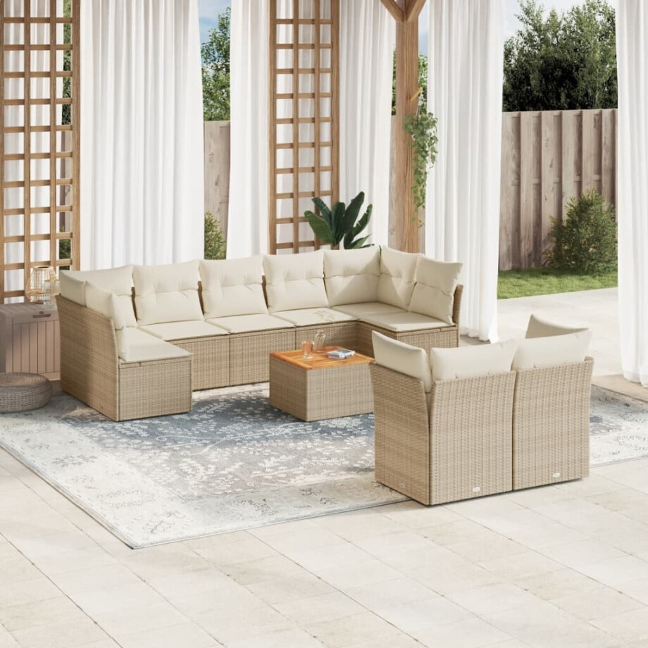 vidaXL 10-delige Loungeset met kussens poly rattan beige afbeelding 1