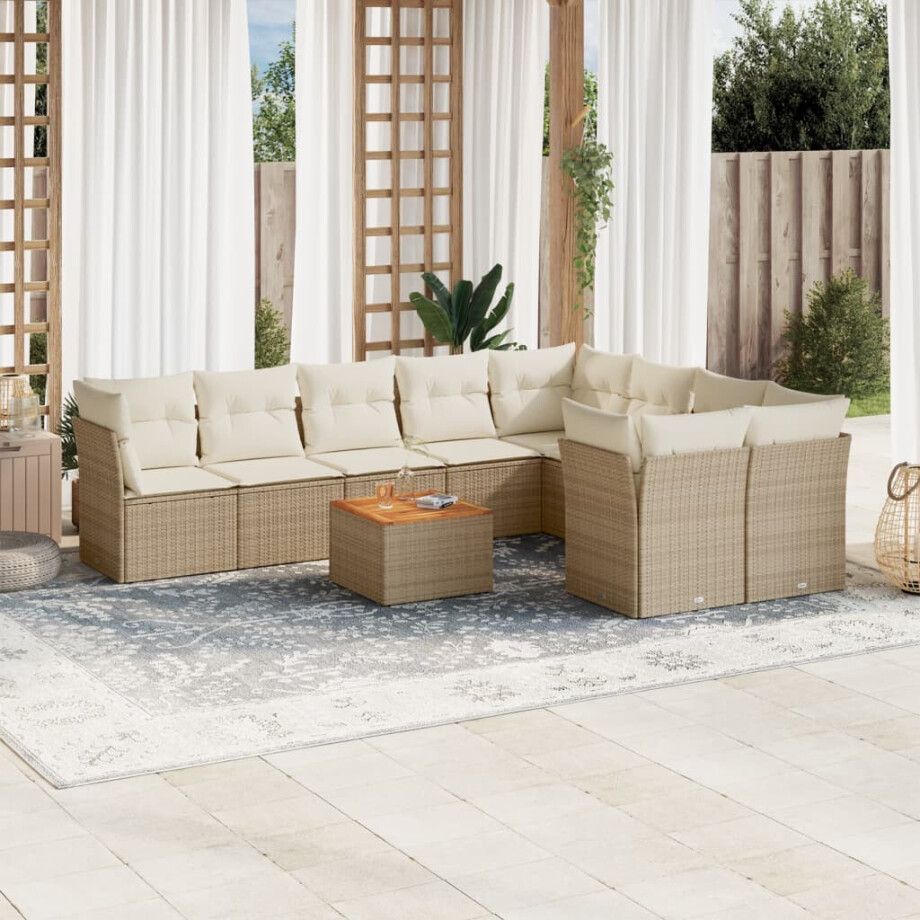 vidaXL 10-delige Loungeset met kussens poly rattan beige afbeelding 1