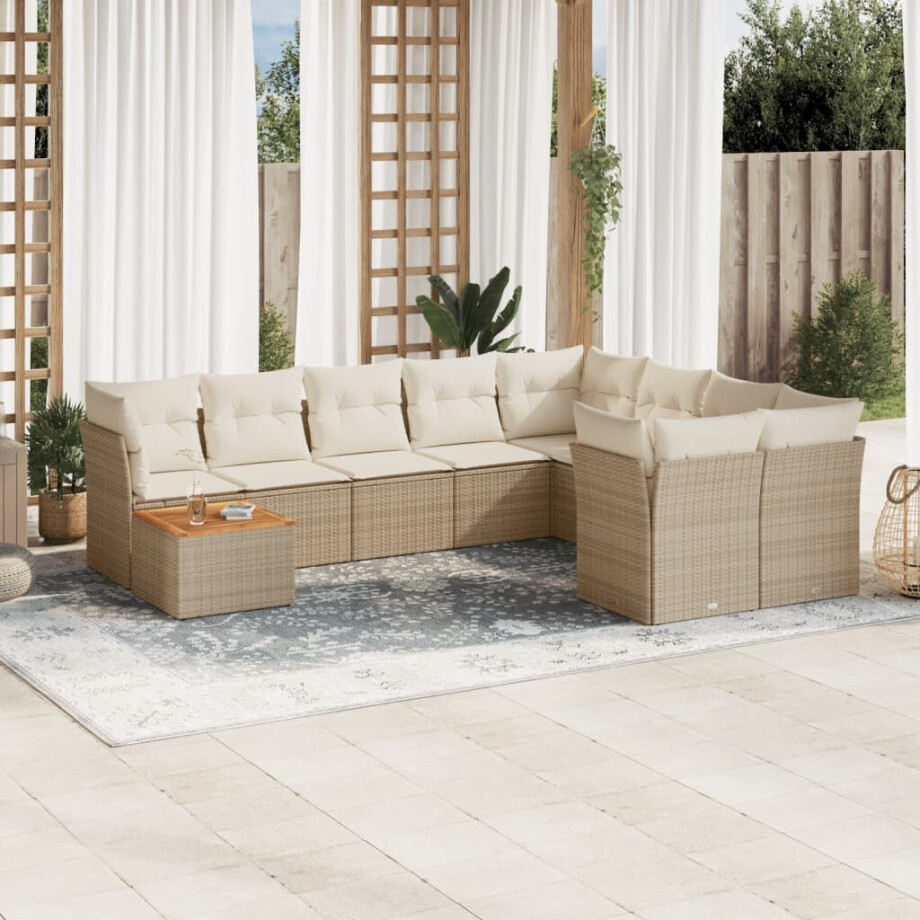 vidaXL 10-delige Loungeset met kussens poly rattan beige afbeelding 1