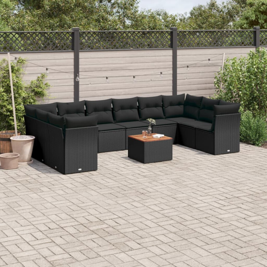 vidaXL 11-delige Loungeset met kussens poly rattan zwart afbeelding 1