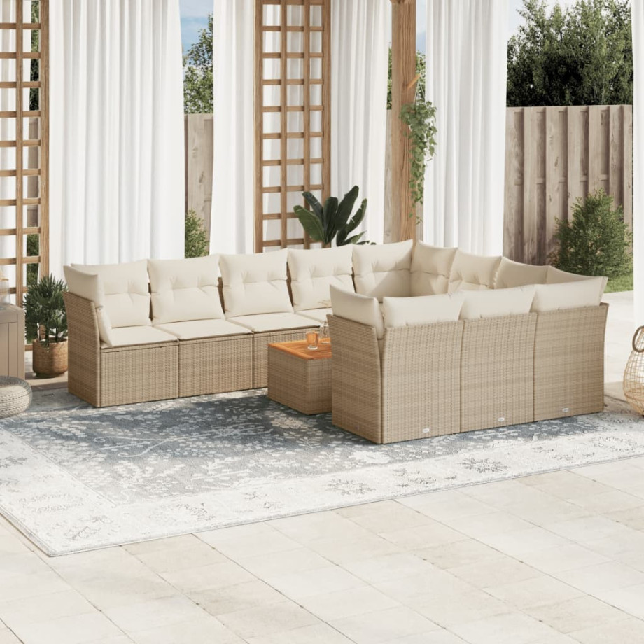 vidaXL 11-delige Tuinset met kussens poly rattan beige afbeelding 1