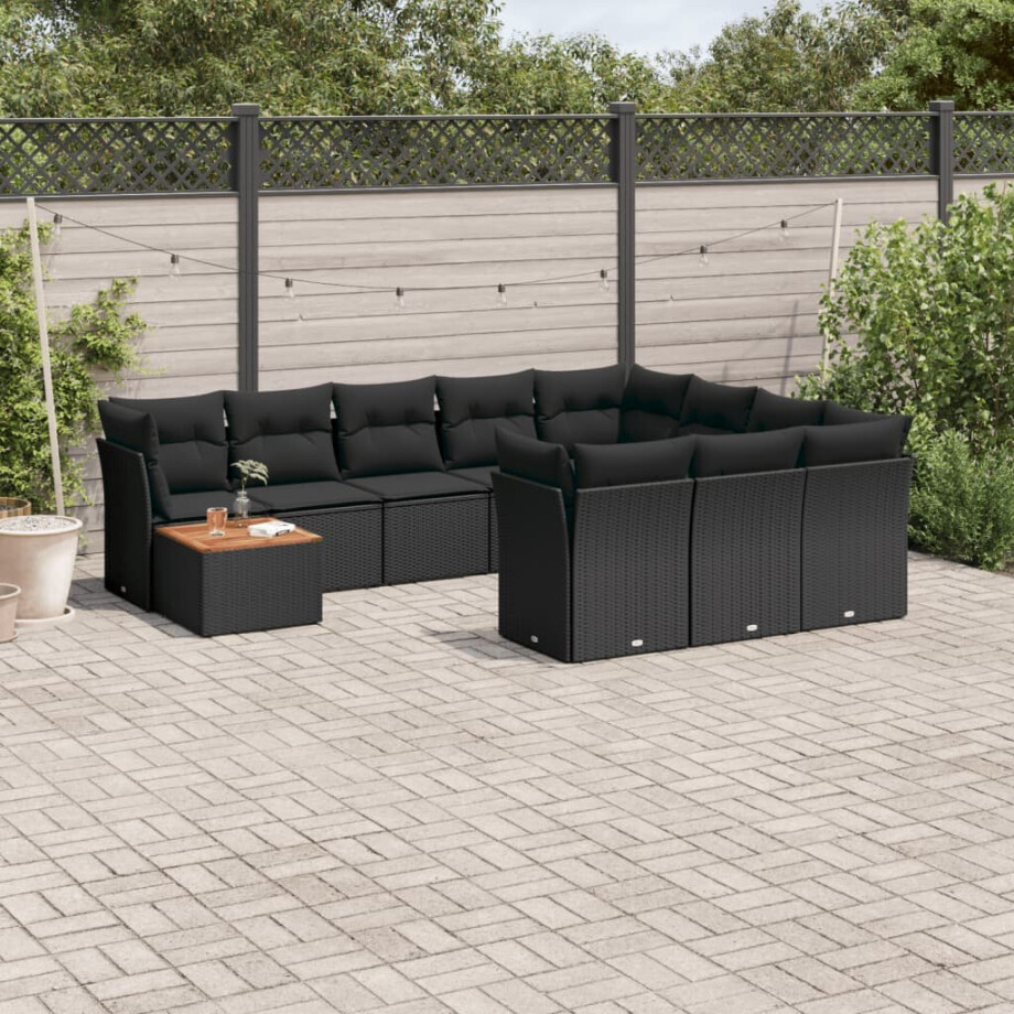 vidaXL 11-delige Loungeset met kussens poly rattan zwart afbeelding 1