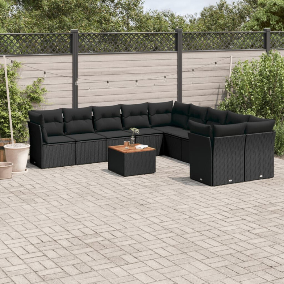 vidaXL 11-delige Loungeset met kussens poly rattan zwart afbeelding 1