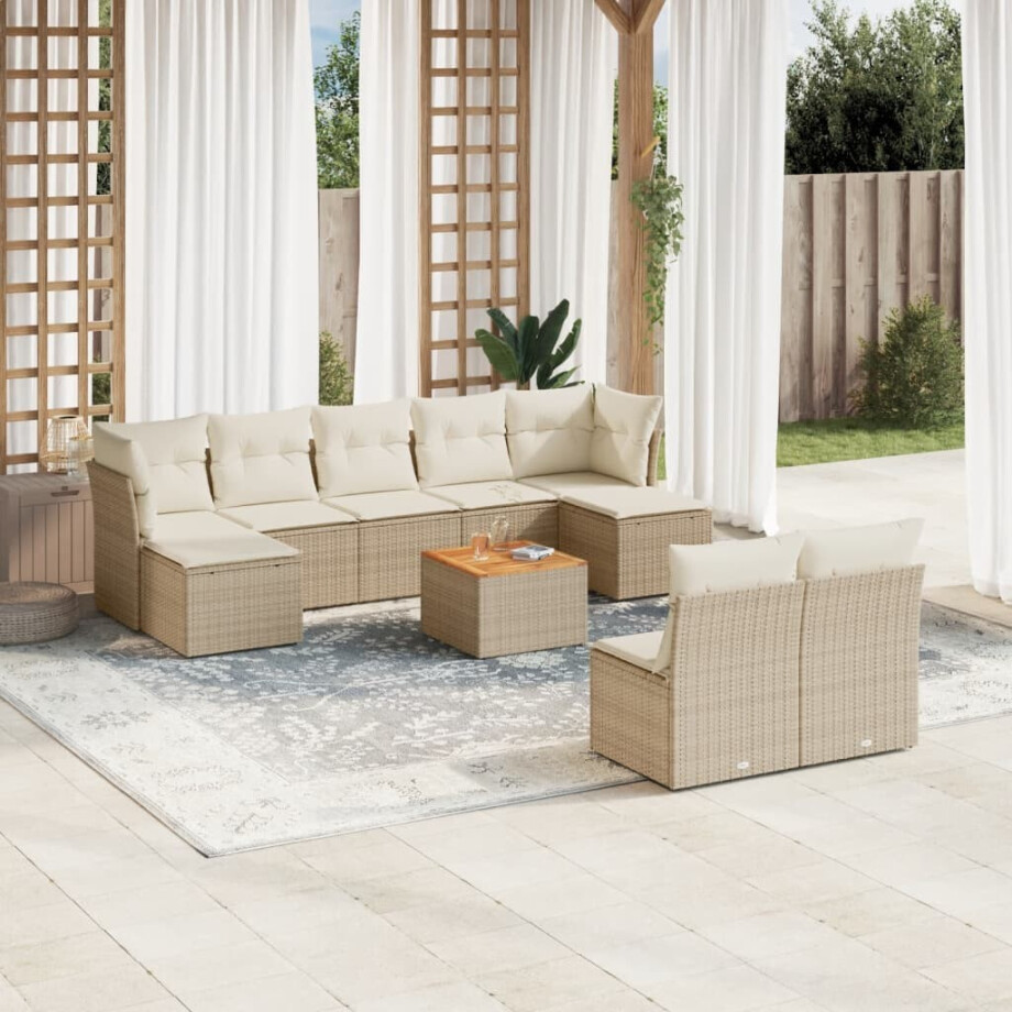 vidaXL 10-delige Loungeset met kussens poly rattan beige afbeelding 1