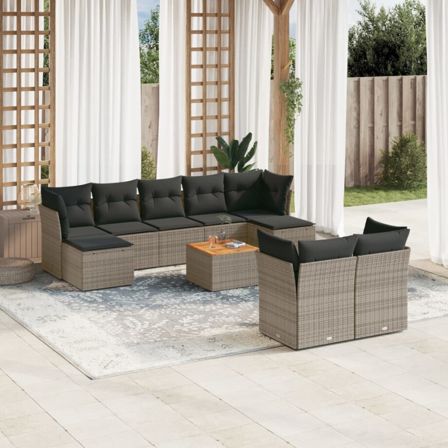vidaXL 10-delige Loungeset met kussens poly rattan grijs afbeelding 1