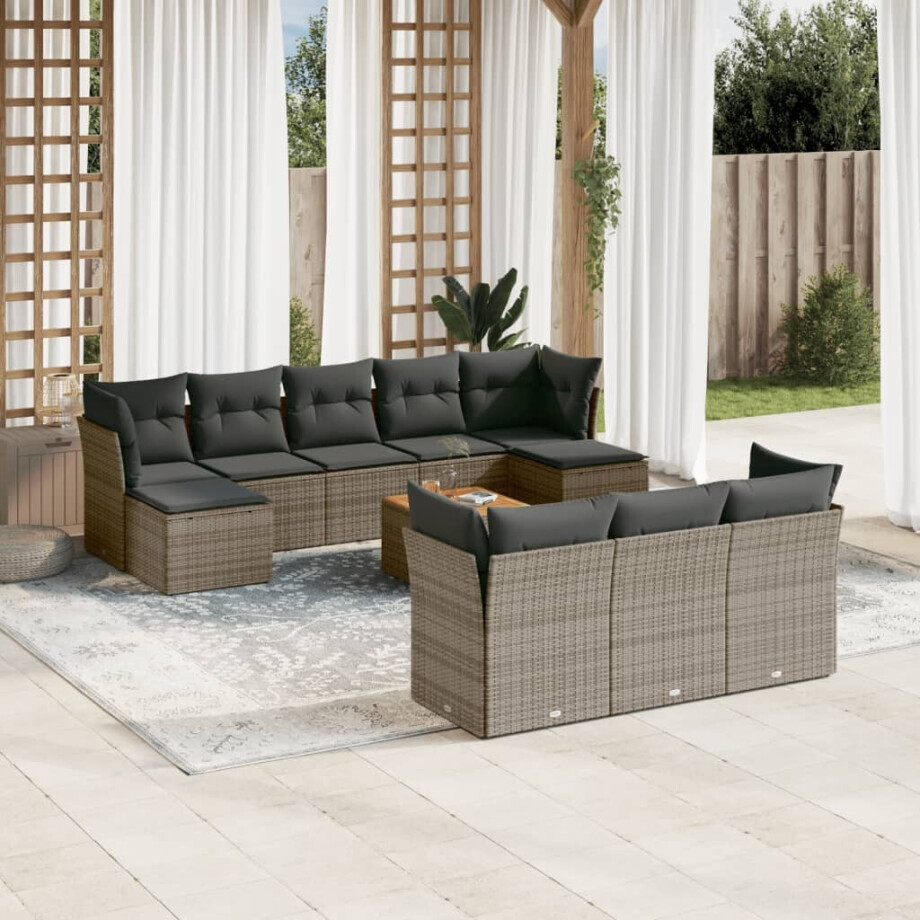 vidaXL 11-delige Loungeset met kussens poly rattan grijs afbeelding 1