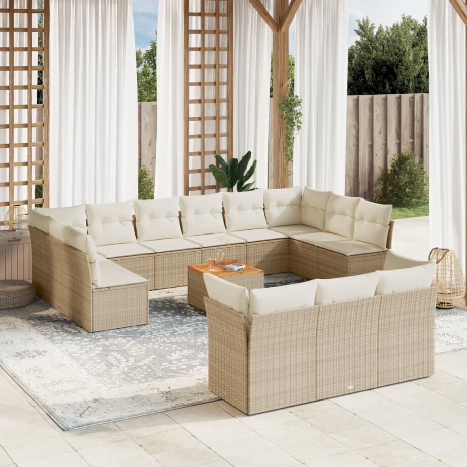 vidaXL 14-delige Loungeset met kussens poly rattan beige vidaXL 14-delige Loungeset met kussens poly rattan beige afbeelding 1