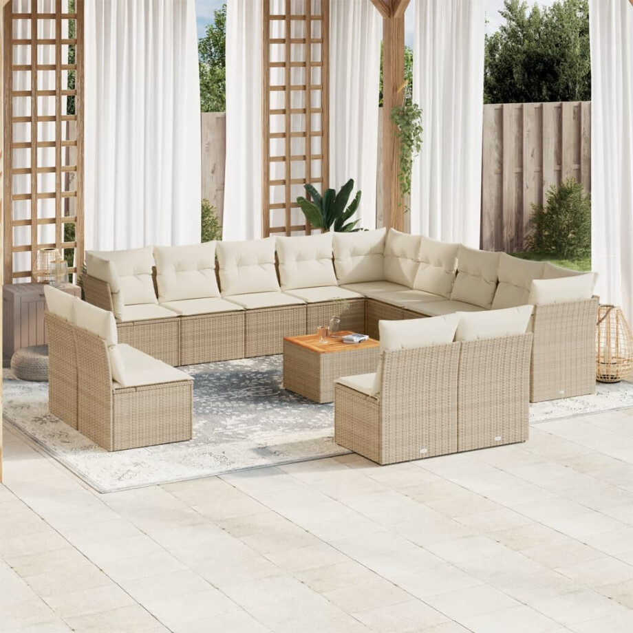 vidaXL 14-delige Loungeset met kussens poly rattan beige vidaXL 14-delige Loungeset met kussens poly rattan beige afbeelding 1