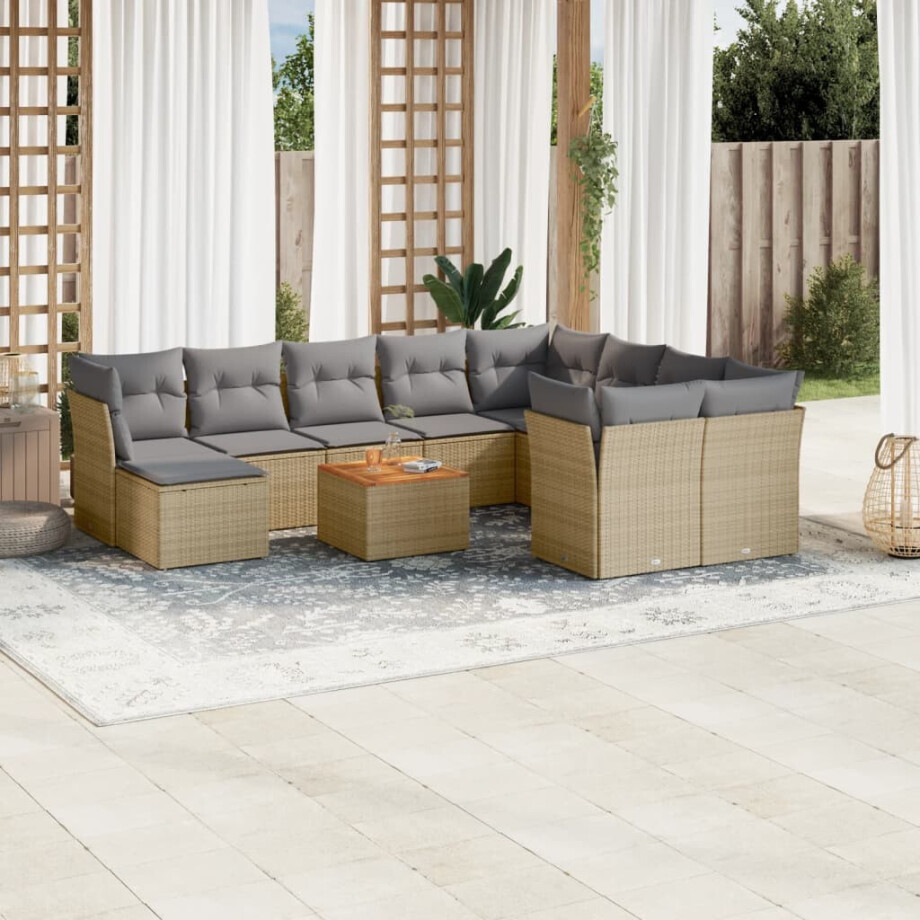 vidaXL 11-delige Tuinset met kussens poly rattan beige afbeelding 1