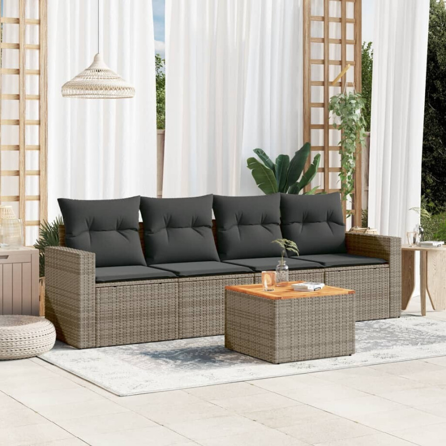 vidaXL 5-delige Loungeset met kussens poly rattan grijs afbeelding 1