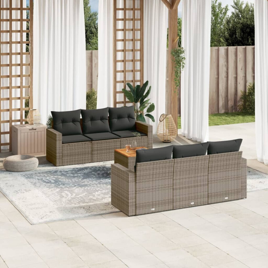 vidaXL 7-delige Loungeset met kussens poly rattan grijs afbeelding 1