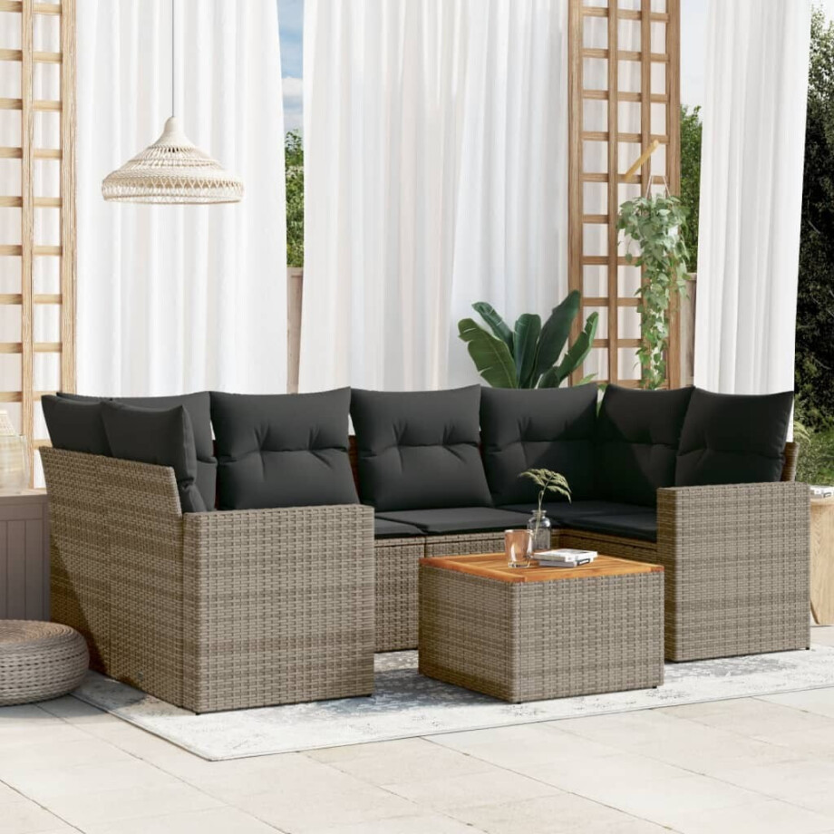 vidaXL 7-delige Loungeset met kussens poly rattan grijs afbeelding 1