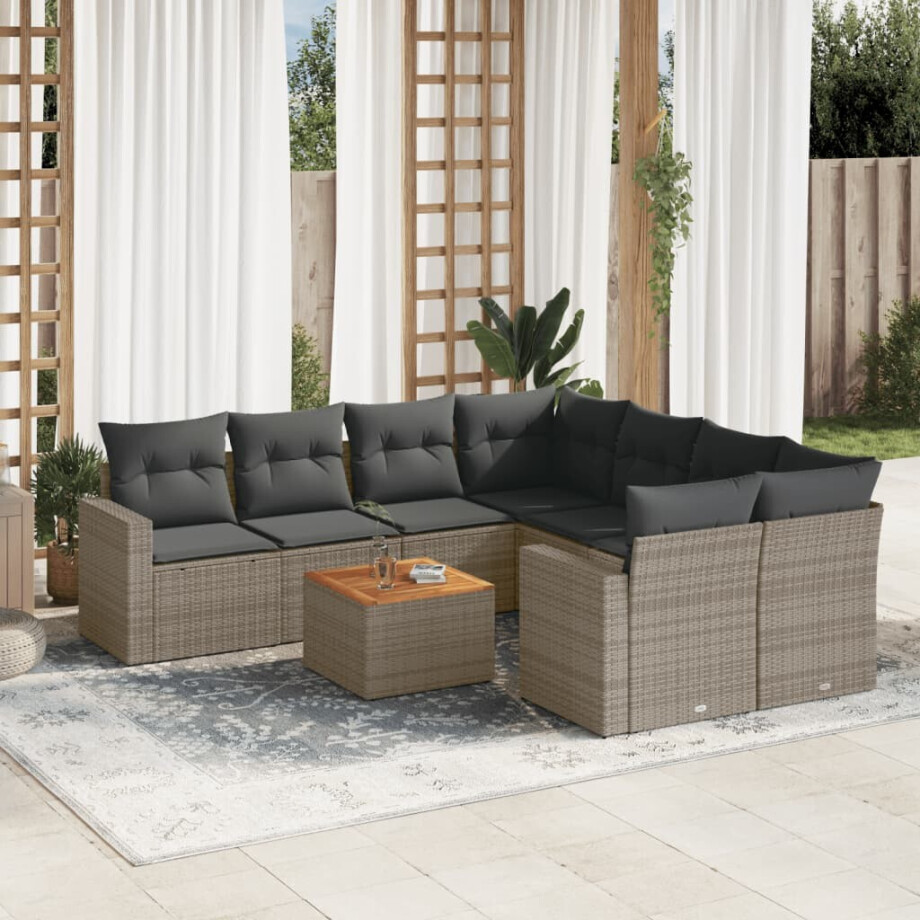 vidaXL 9-delige Loungeset met kussens poly rattan grijs afbeelding 1