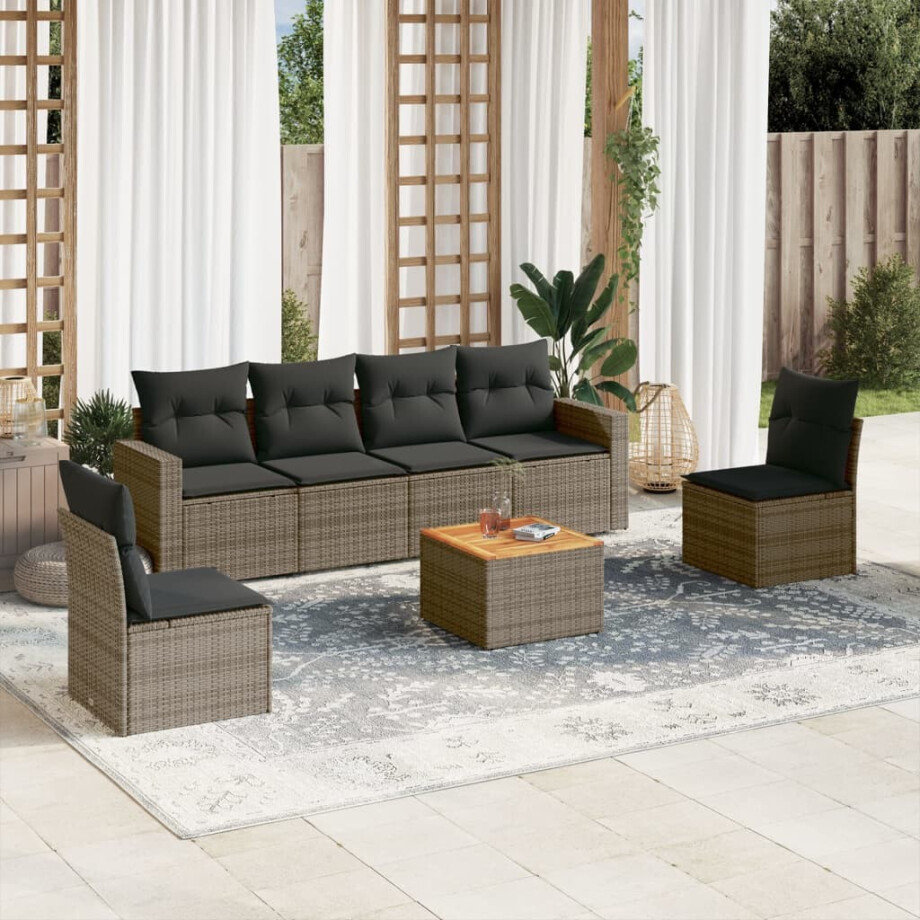vidaXL 7-delige Loungeset met kussens poly rattan grijs afbeelding 1