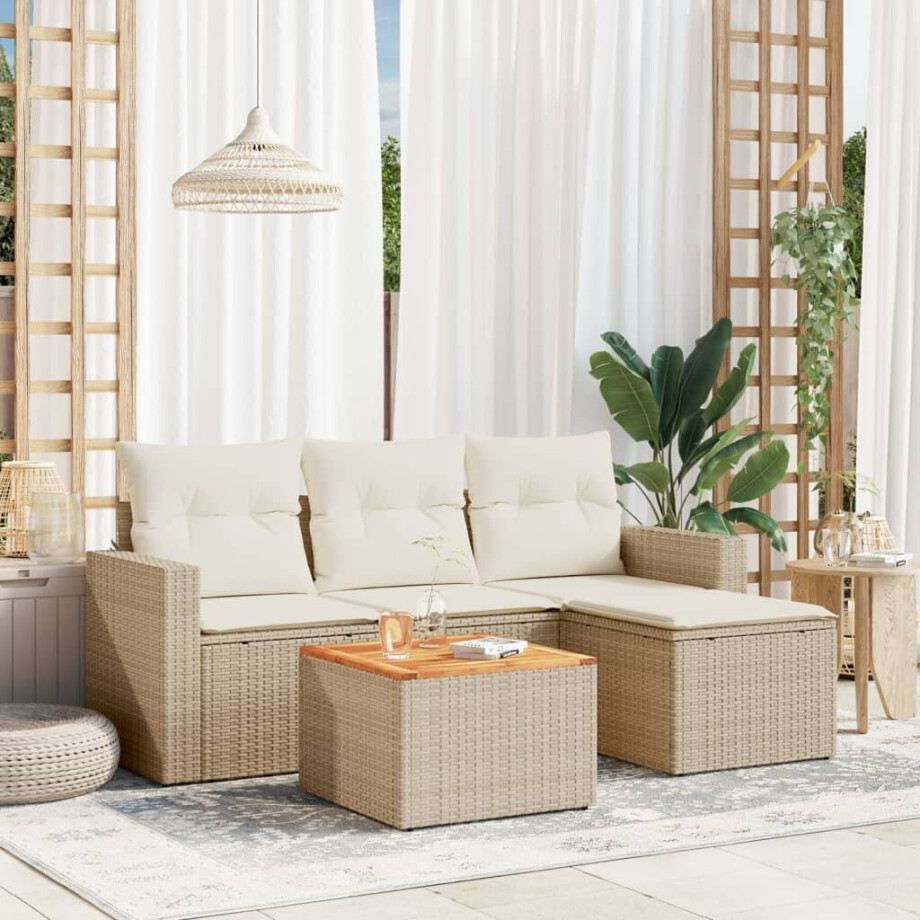 vidaXL 5-delige Loungeset met kussens poly rattan beige afbeelding 1