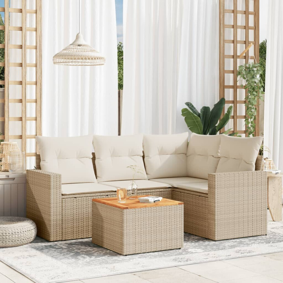 vidaXL 5-delige Loungeset met kussens poly rattan beige afbeelding 1