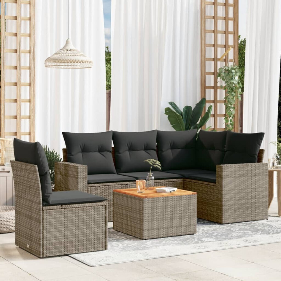 vidaXL 6-delige Loungeset met kussens poly rattan grijs afbeelding 1
