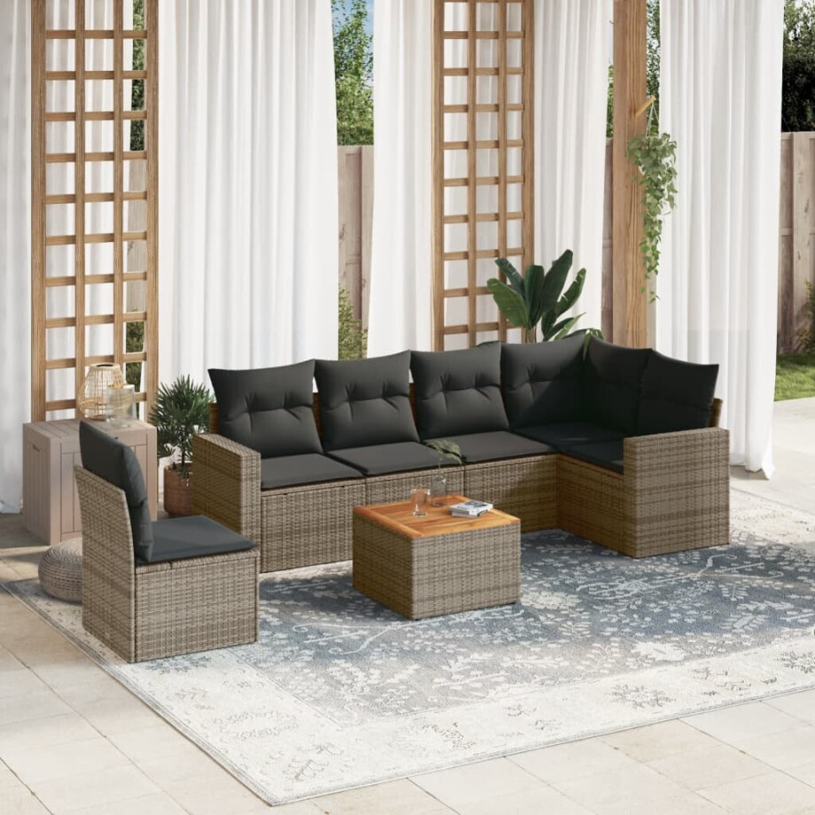 vidaXL 7-delige Loungeset met kussens poly rattan grijs afbeelding 1