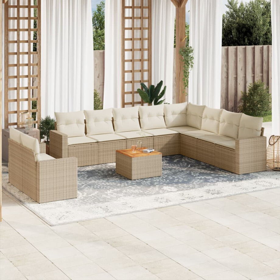 vidaXL 11-delige Tuinset met kussens poly rattan beige afbeelding 1