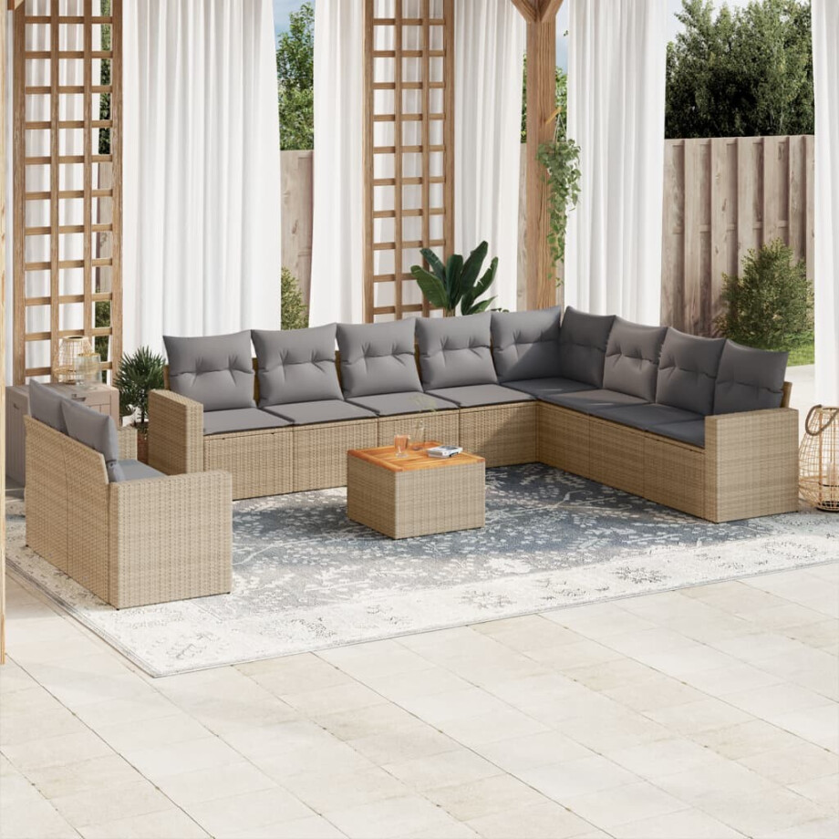 vidaXL 11-delige Tuinset met kussens poly rattan beige afbeelding 1