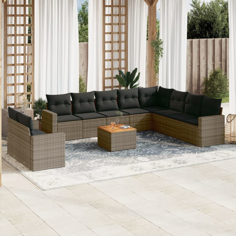 vidaXL 11-delige Loungeset met kussens poly rattan grijs afbeelding 1