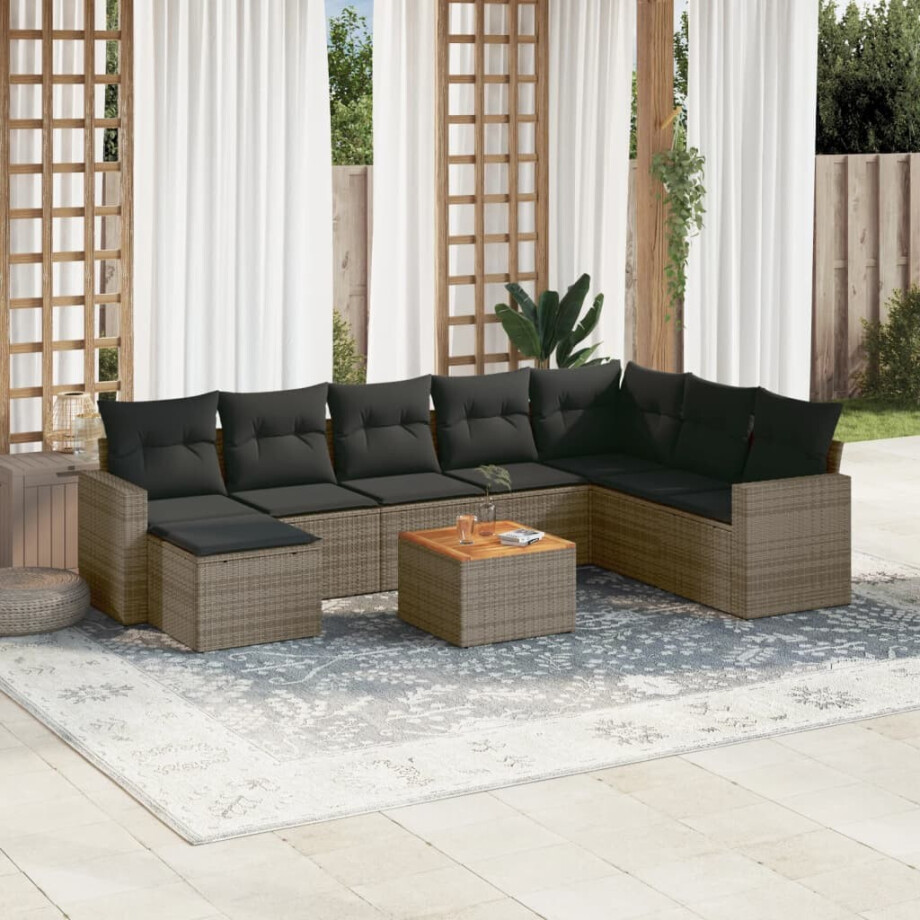 vidaXL 9-delige Loungeset met kussens poly rattan grijs afbeelding 1
