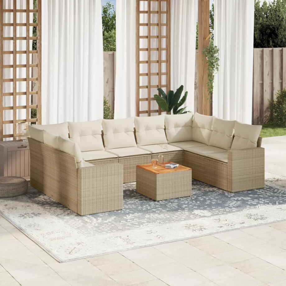 vidaXL 10-delige Loungeset met kussens poly rattan beige afbeelding 1