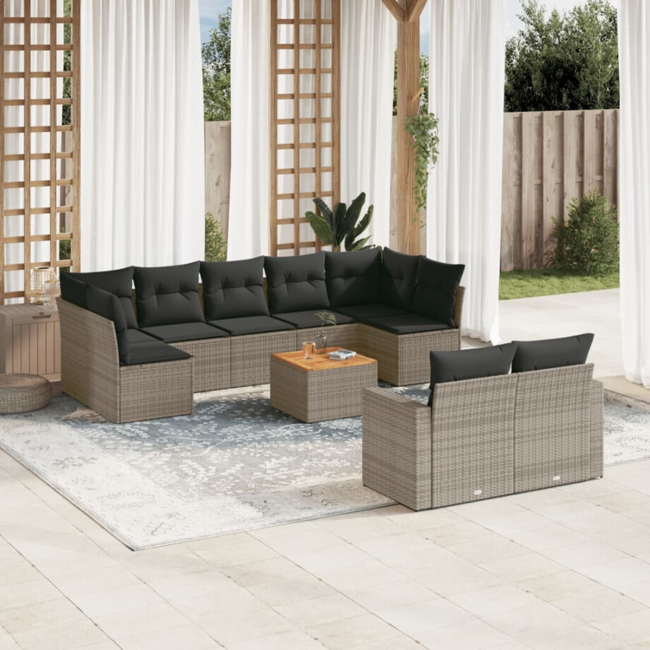 vidaXL 10-delige Loungeset met kussens poly rattan grijs afbeelding 1