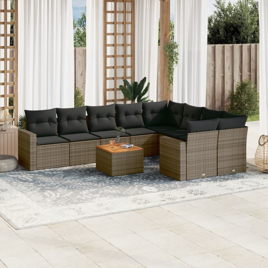 vidaXL 10-delige Loungeset met kussens poly rattan grijs afbeelding 1