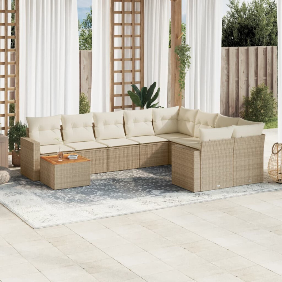 vidaXL 10-delige Loungeset met kussens poly rattan beige vidaXL 10-delige Loungeset met kussens poly rattan beige afbeelding 1