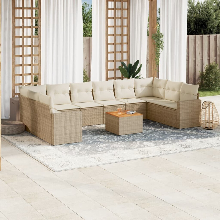 vidaXL 11-delige Tuinset met kussens poly rattan beige afbeelding 1