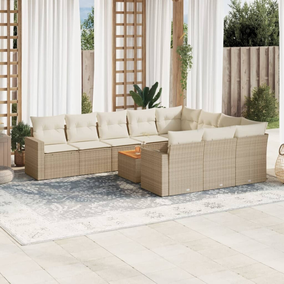 vidaXL 11-delige Tuinset met kussens poly rattan beige afbeelding 1