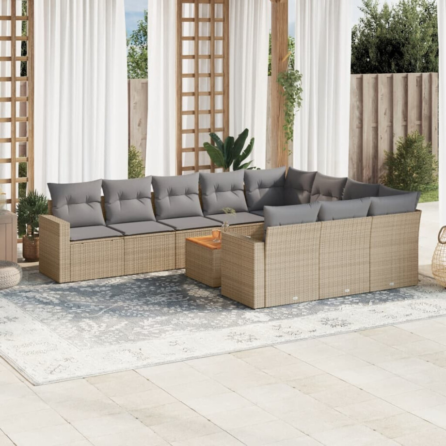 vidaXL 11-delige Tuinset met kussens poly rattan beige afbeelding 1