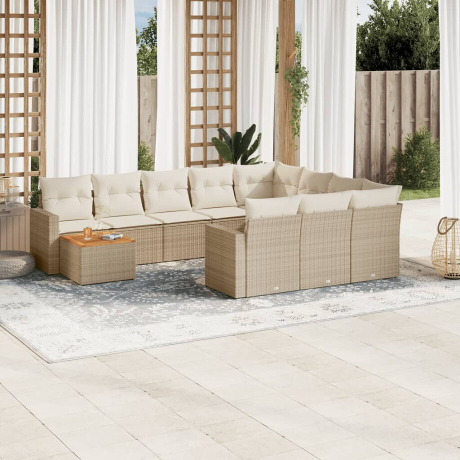 vidaXL 11-delige Tuinset met kussens poly rattan beige afbeelding 1